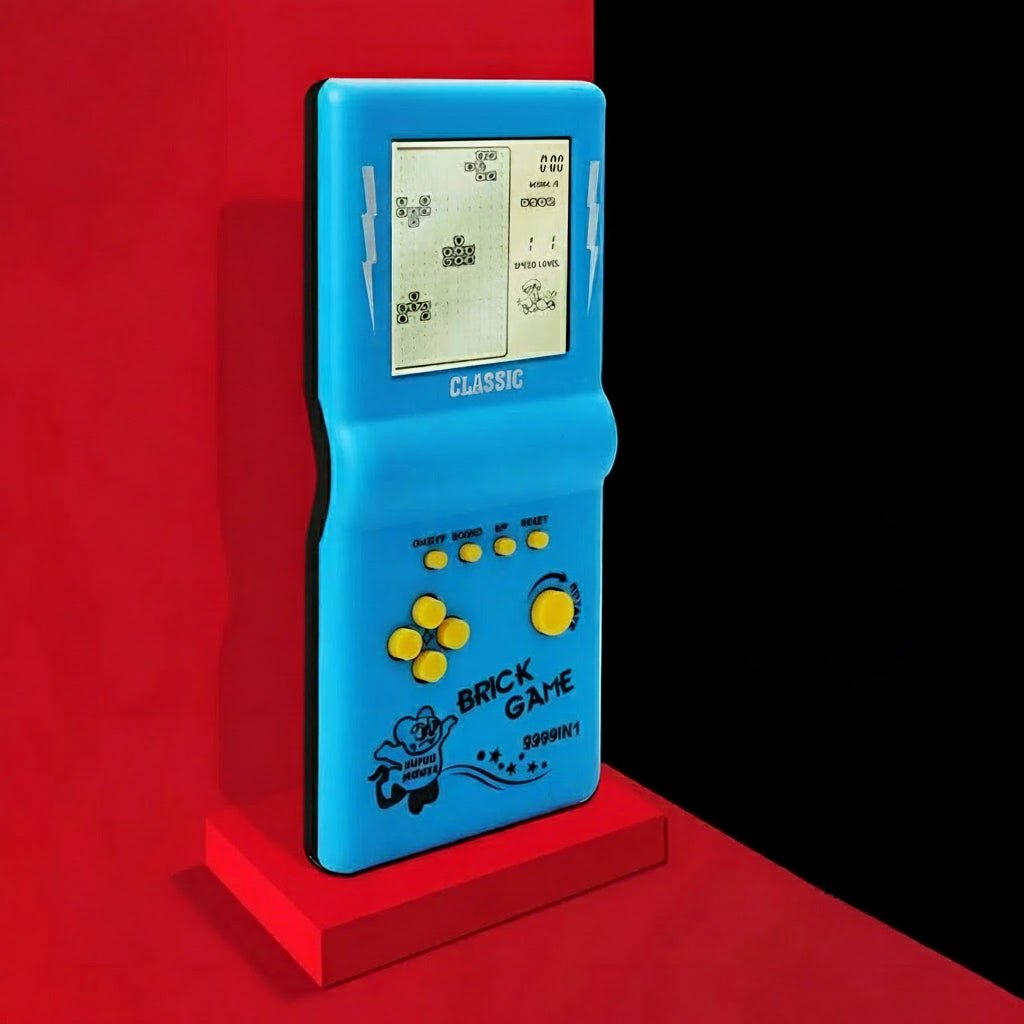 Konsola retro z grą w klocki, konsola niebieska