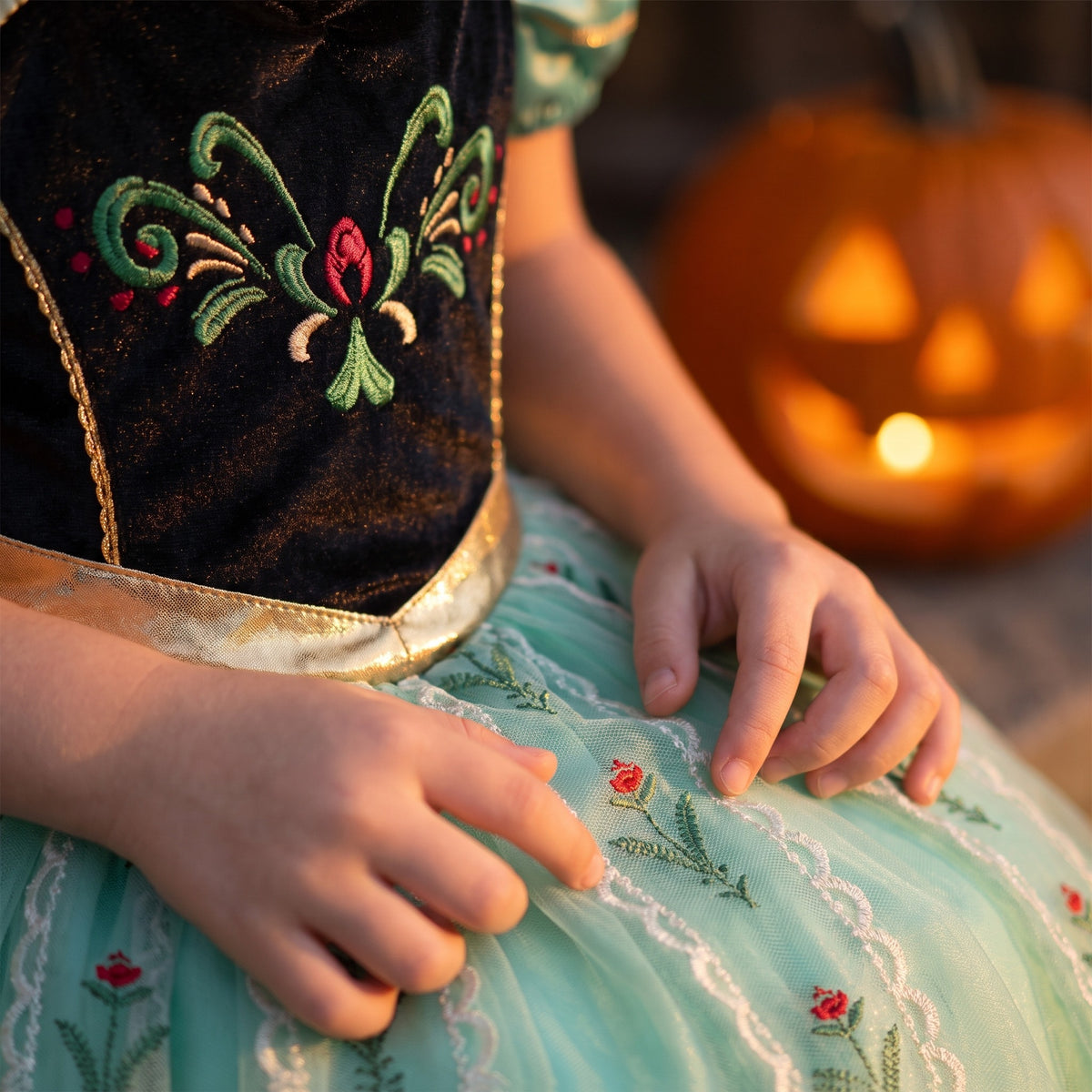 Kostium księżniczki dla dziewczynki na Halloween, sukienka z dodatkami, detail macro