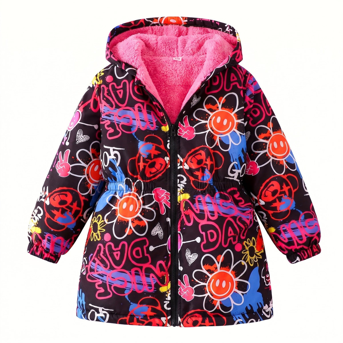 Kurtka dziewczęca z nadrukiem graffiti i podszewką z misia, czarny
