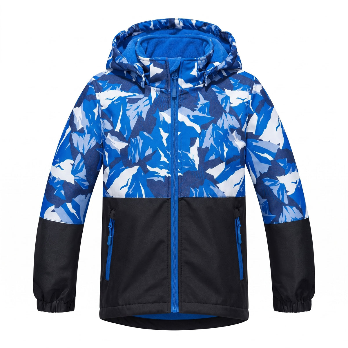 Kurtka softshell chłopięca z odpinanym kapturem, kamuflaż, niebieski