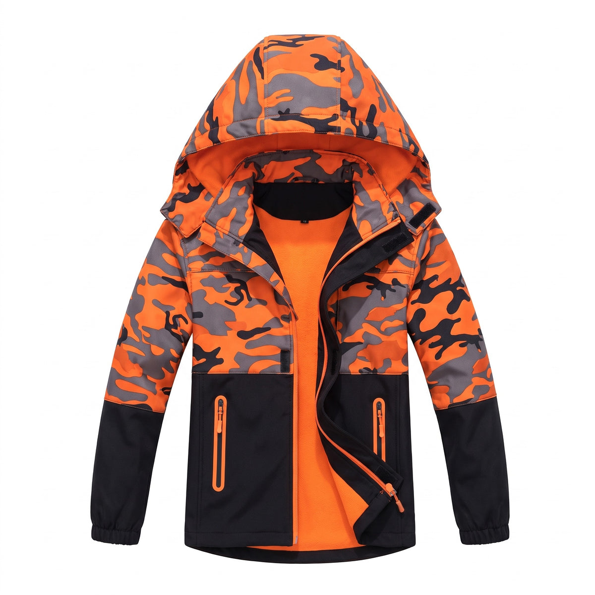 Kurtka softshell chłopięca z odpinanym kapturem, kamuflaż, pomarańczowy