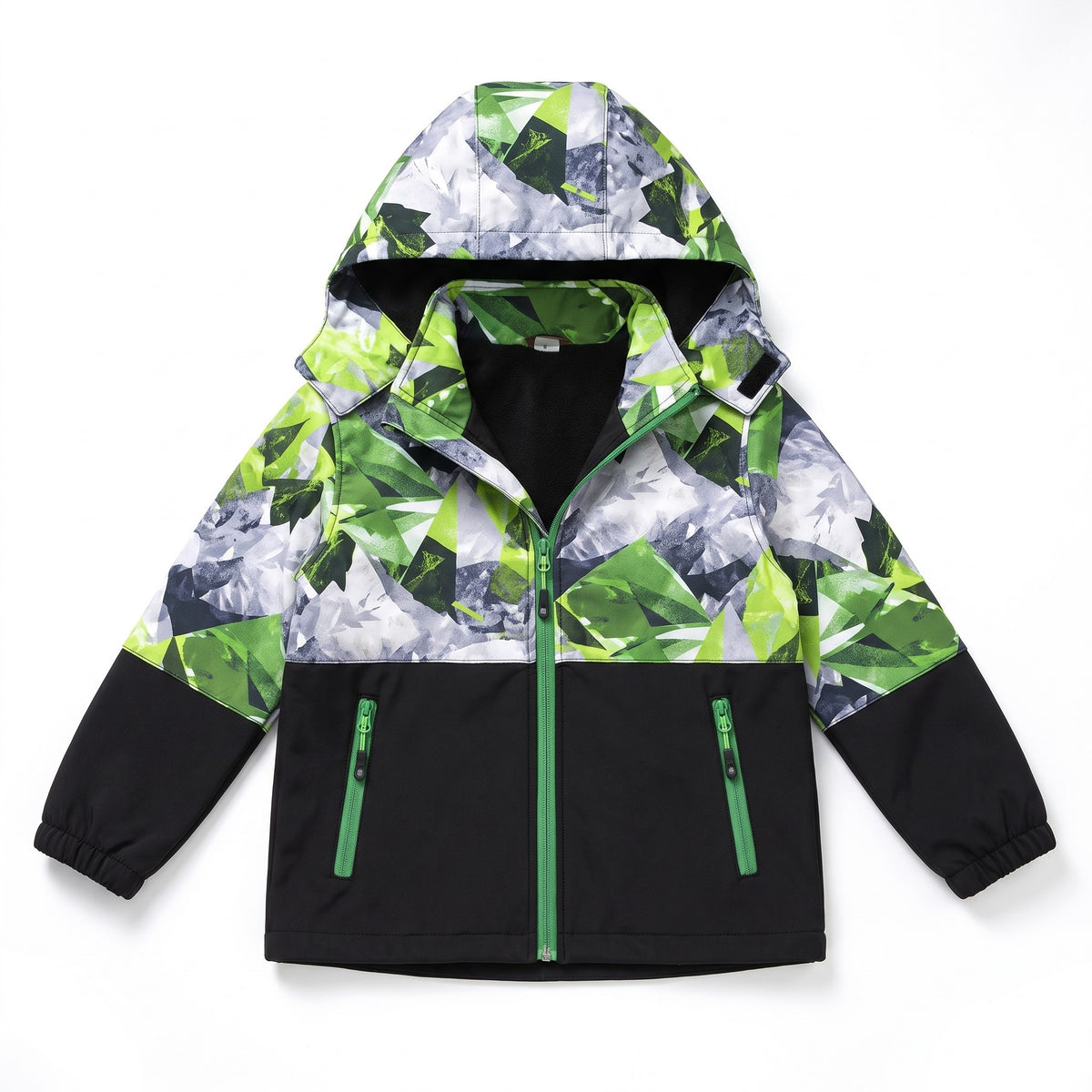 Kurtka softshell chłopięca z odpinanym kapturem, kamuflaż, zielony