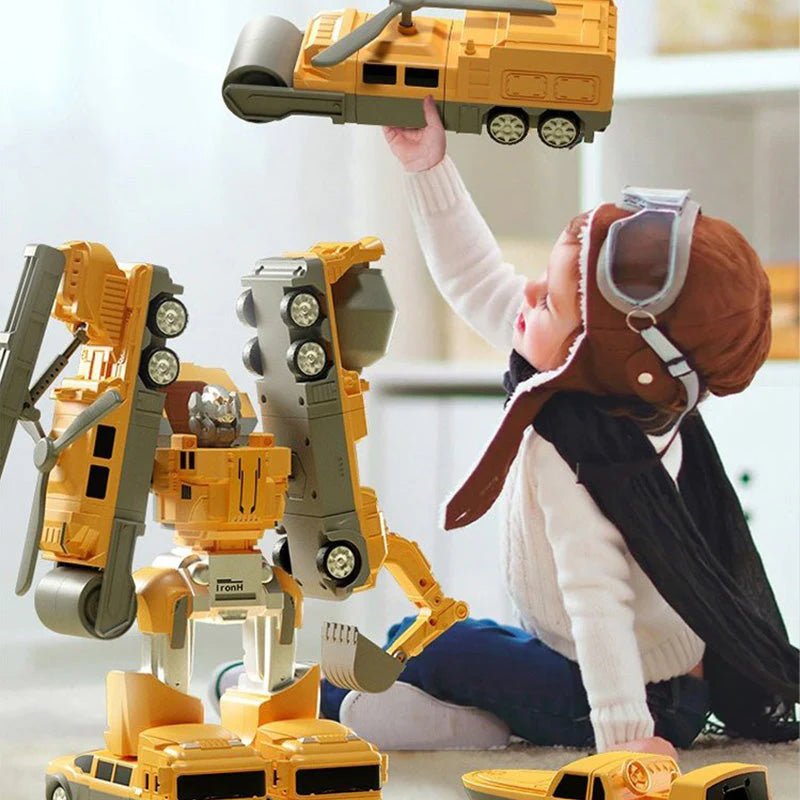 Magnetyczne pojazdy budowlane składane w robota, dziecko składa robota