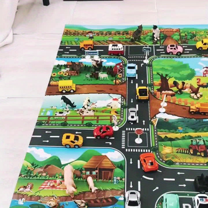 Mata do zabawy z drogami i farmą, mata rozłożona na podłodze