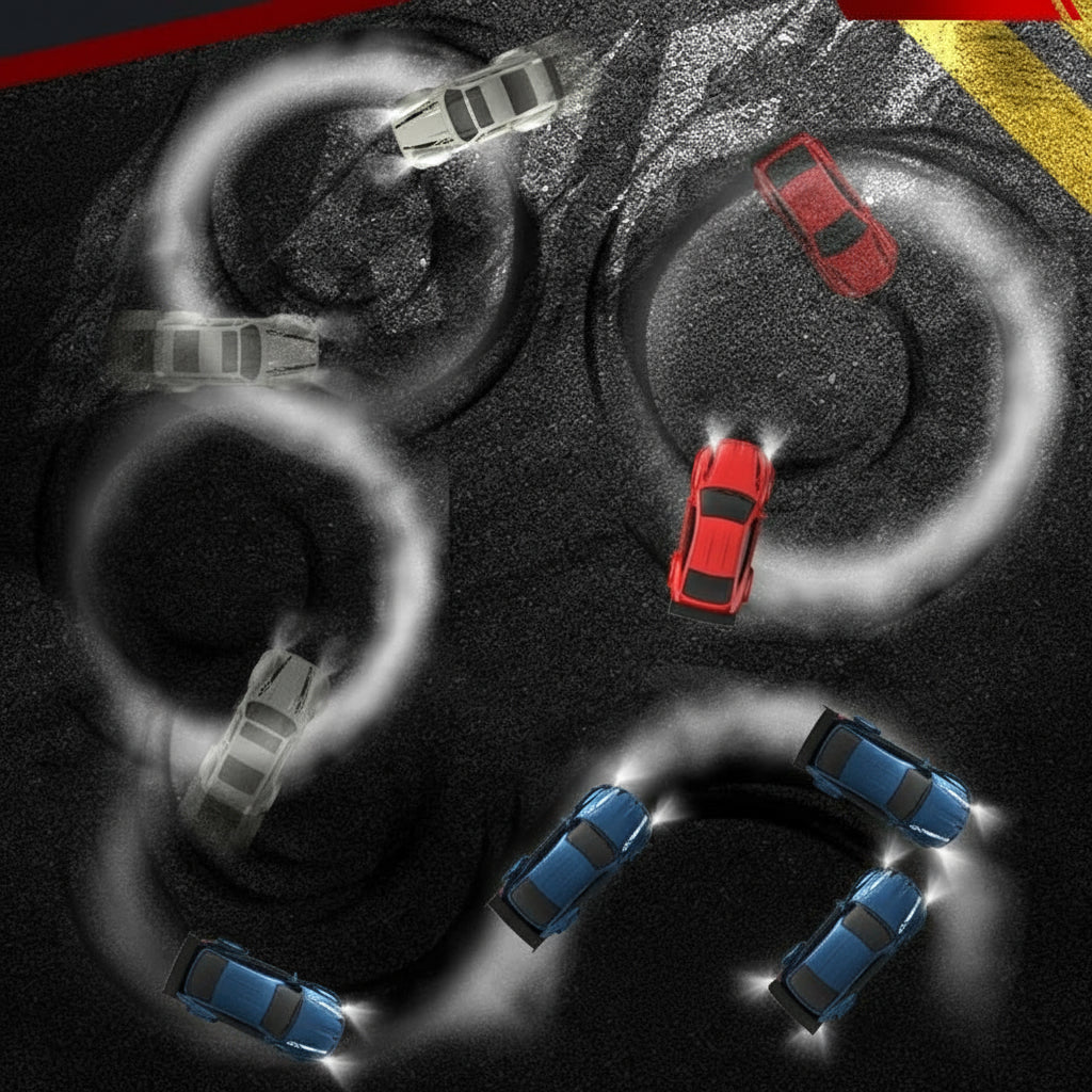 Mini samochód zdalnie sterowany do driftu, tor z pachołkami
