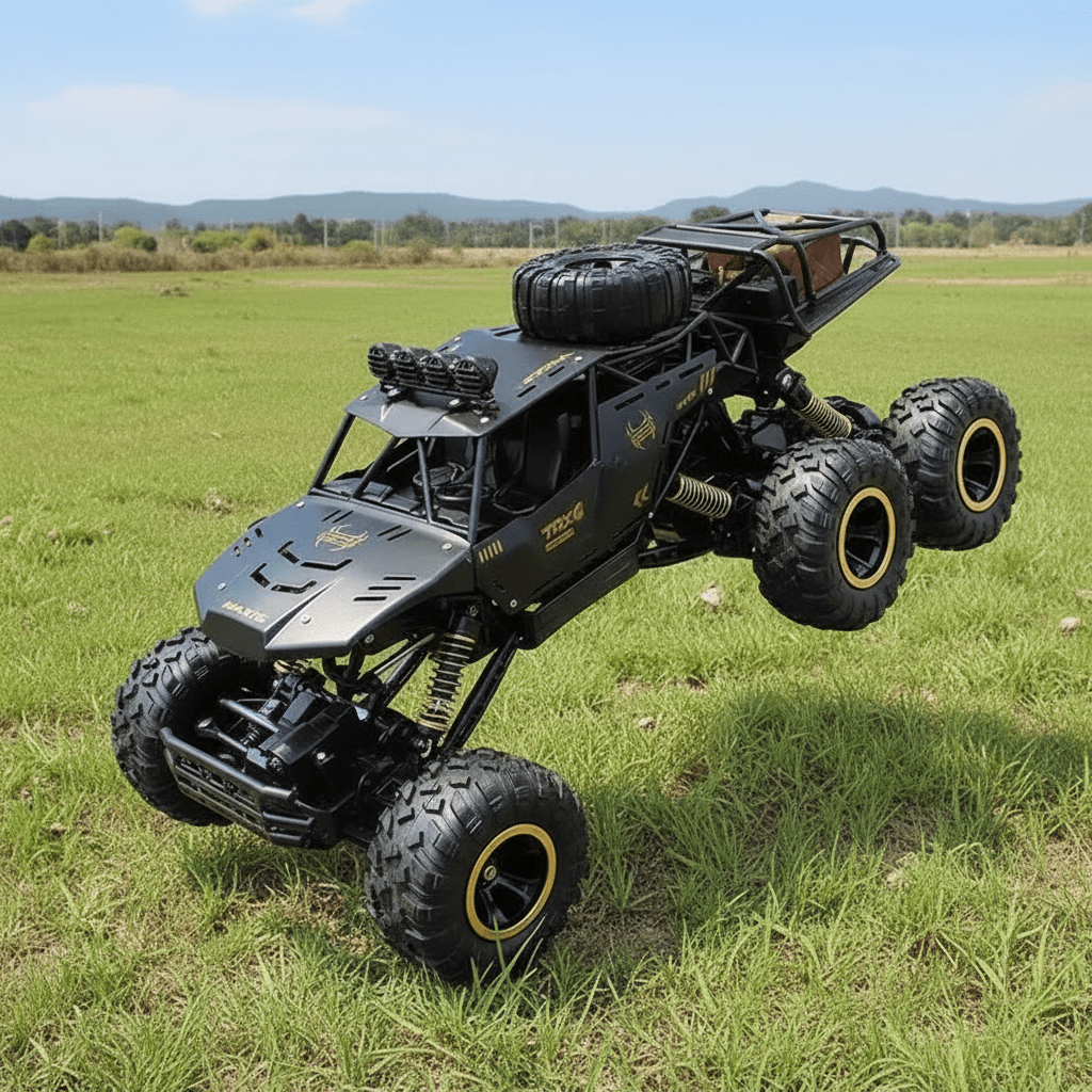 Monster truck zdalnie sterowany 6 kół, model czarny na trawie