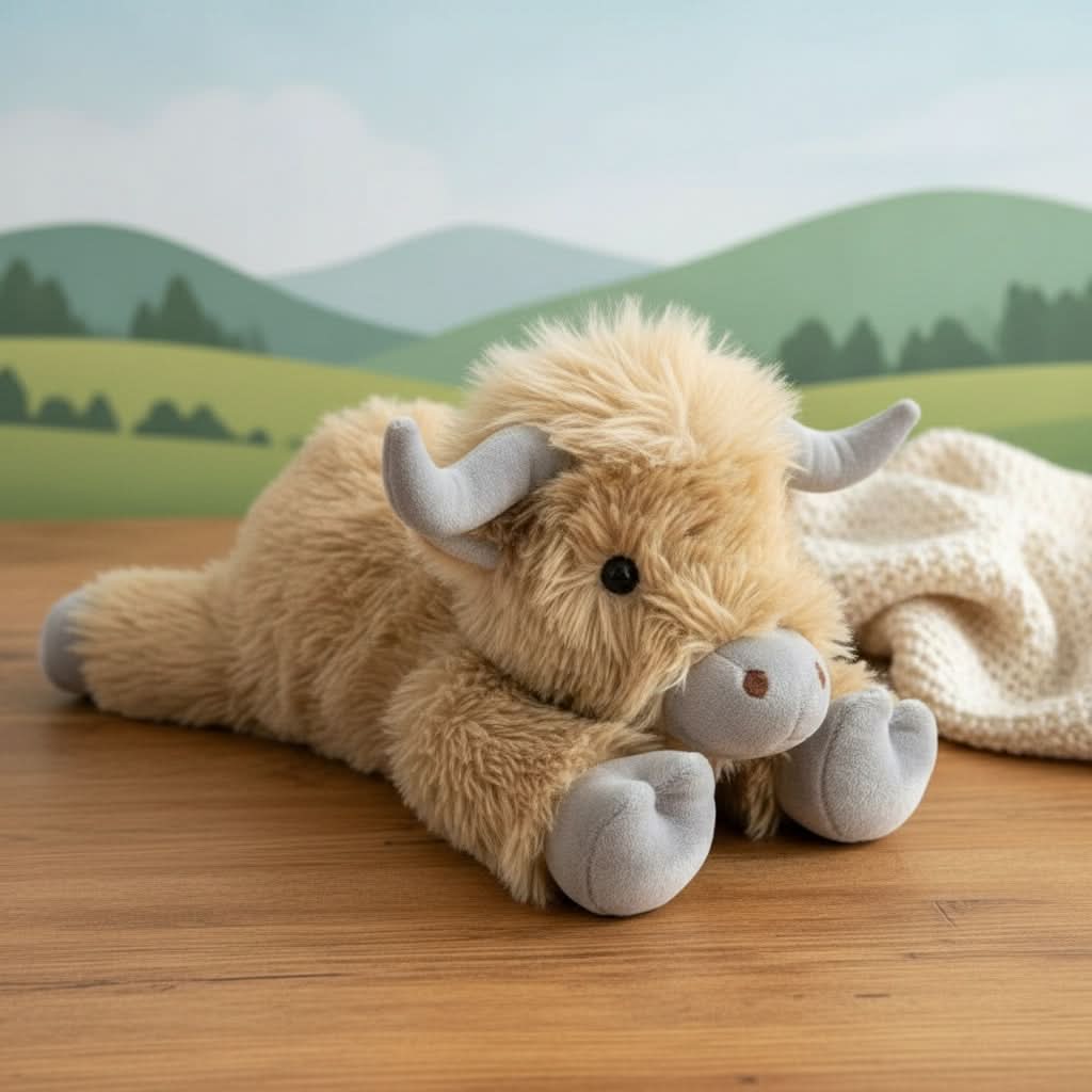 Pluszowa krowa szkocka highland, krówka na podłodze