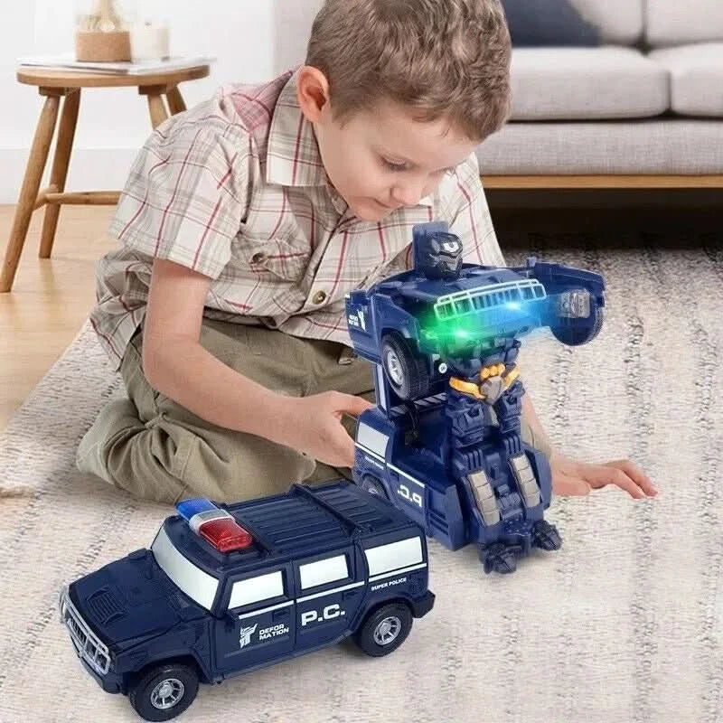 Radiowóz zmieniający się w robota, chłopiec z zabawką