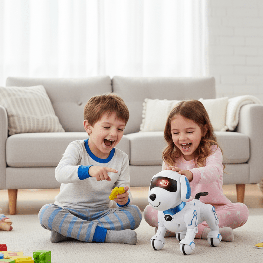 Robot piesek zdalnie sterowany, dzieci bawią się robotami