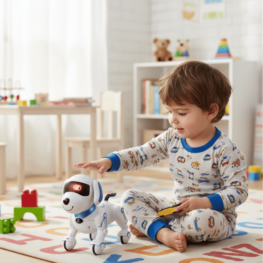 Robot piesek zdalnie sterowany, chłopiec z robotem