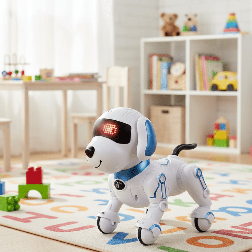 Robot piesek zdalnie sterowany, robot niebieski na macie