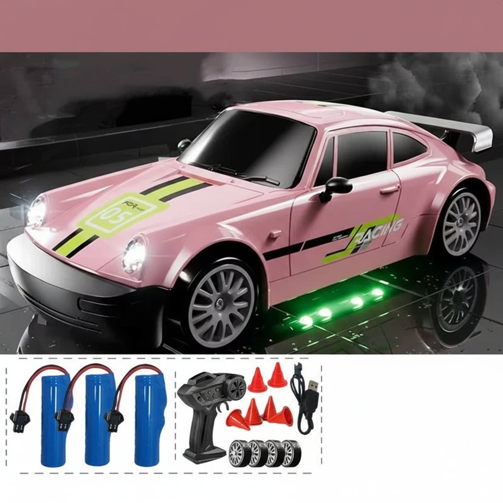 Samochód zdalnie sterowany do driftu 1:24, model różowy z trzema akumulatorami
