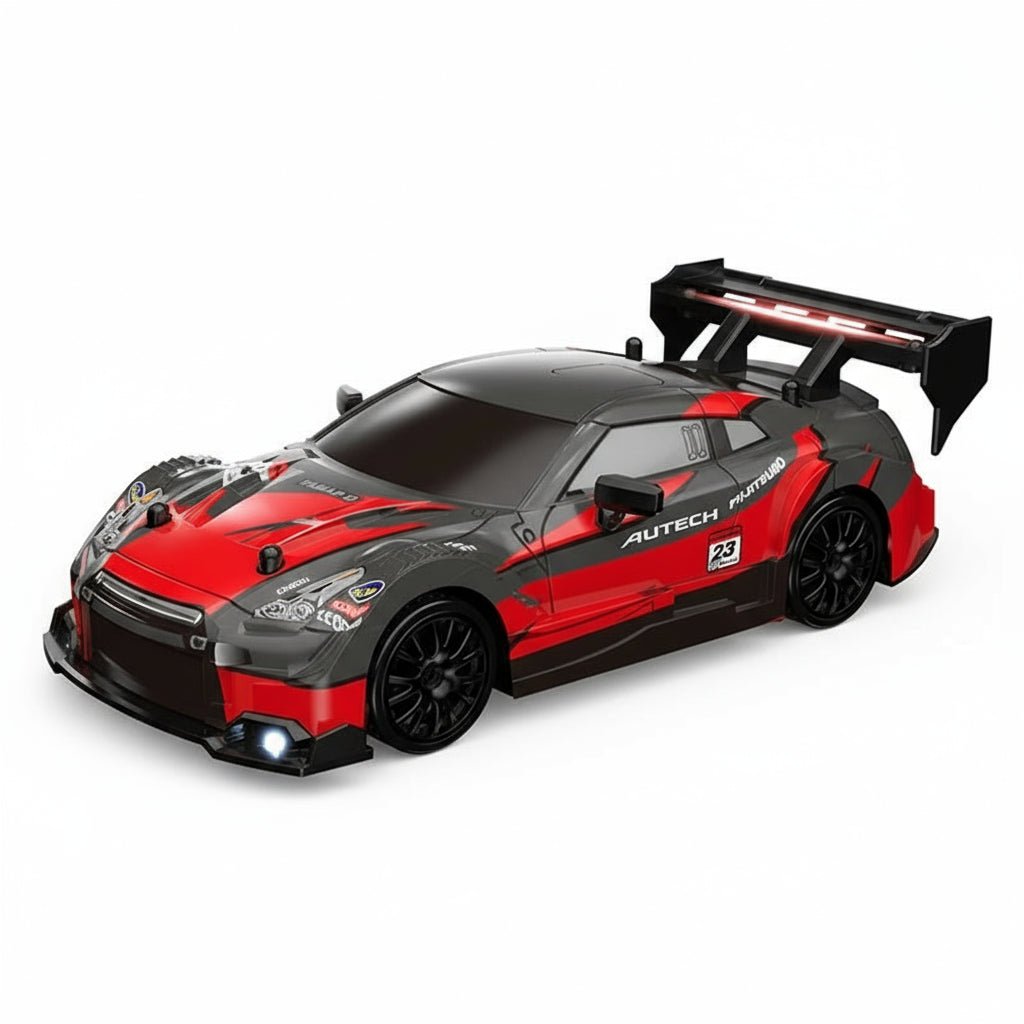 Samochód zdalnie sterowany do driftu, model czarno-czerwony