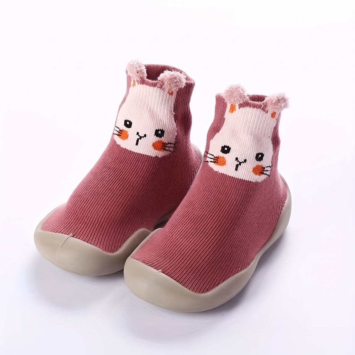 Buty skarpetkowe dziecięce z główką zwierzątka, różowy królik