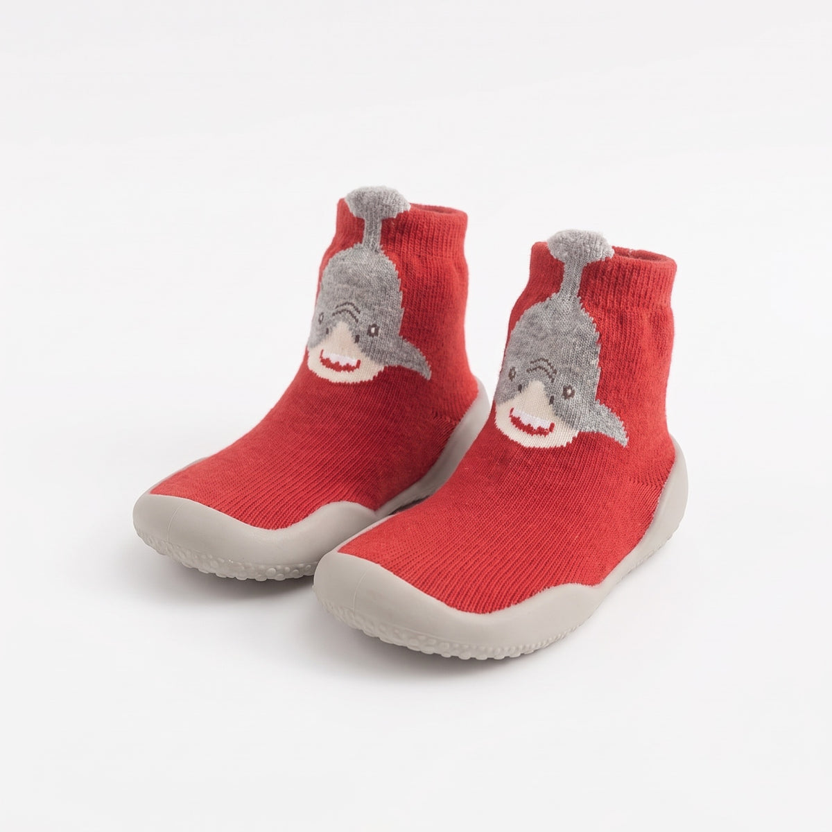 Buty skarpetkowe dziecięce z główką zwierzątka, czerwony rekin