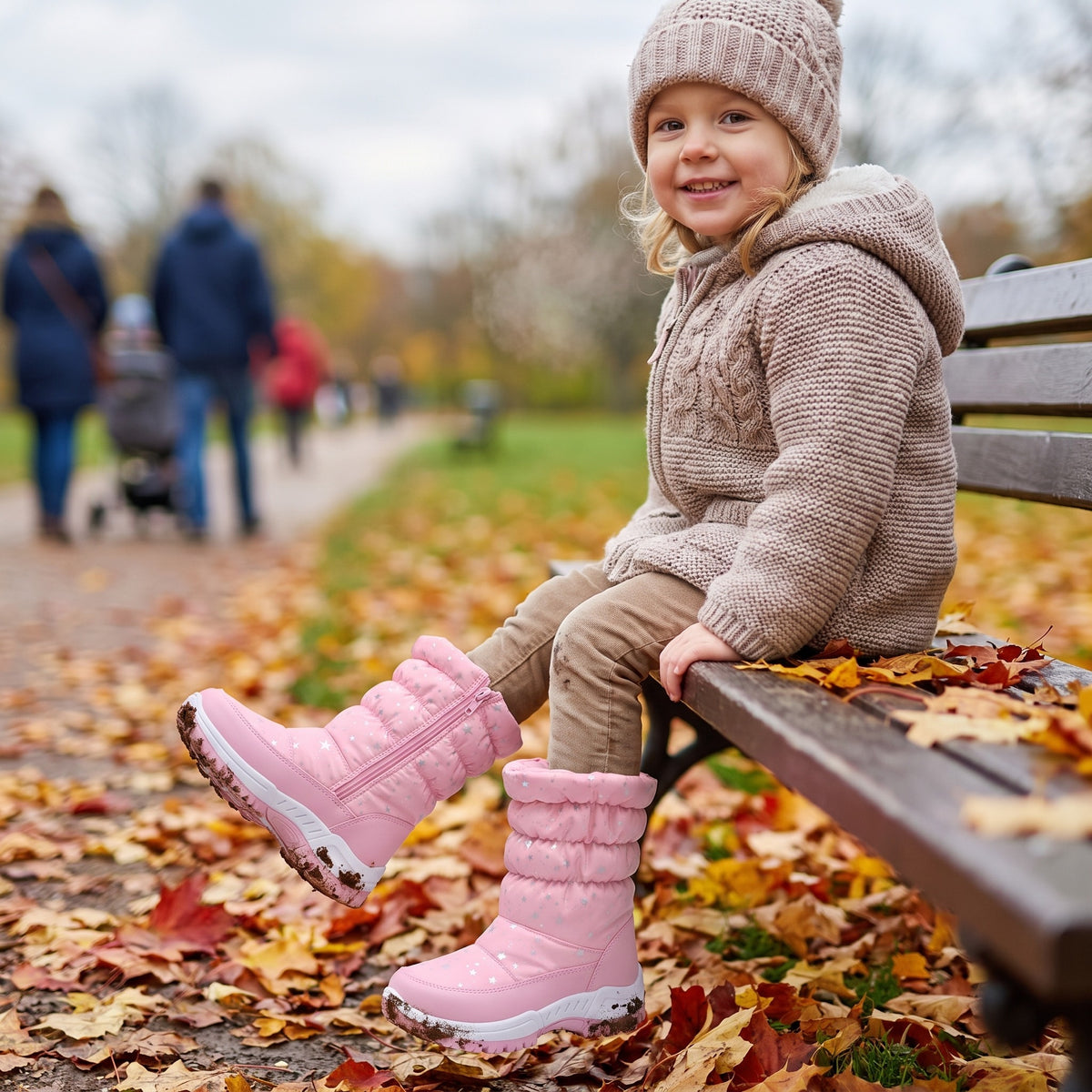 Śniegowce dziecięce pikowane w gwiazdki, różowy, na dziecku