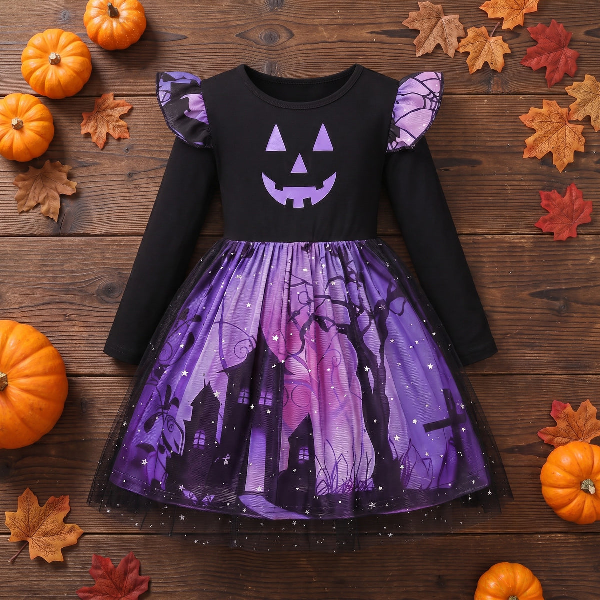 Sukienka na Halloween dla dziewczynki, fioletowa z uśmiechem dyni, set inhoud