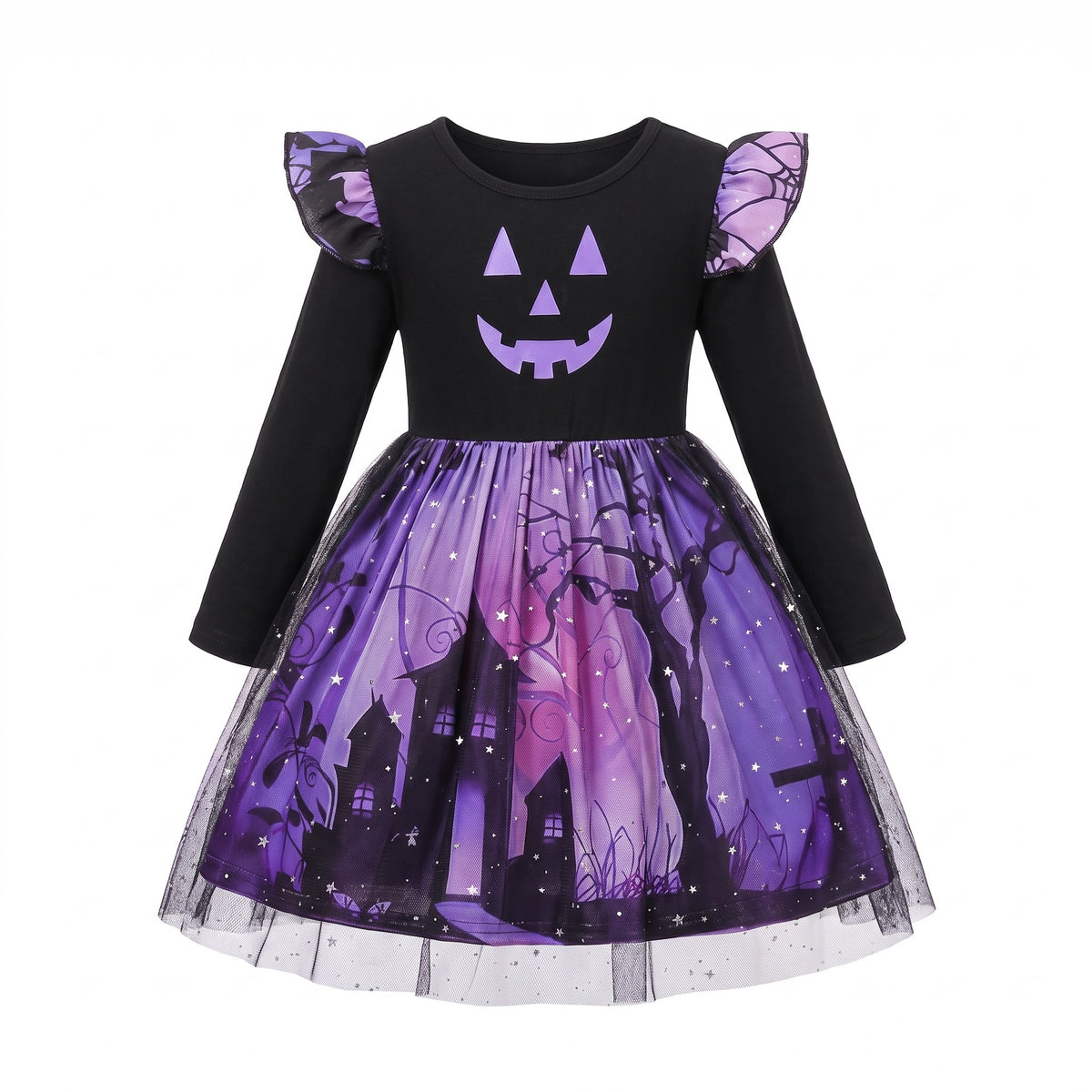 Sukienka na Halloween dla dziewczynki, fioletowa z uśmiechem dyni, fioletowy