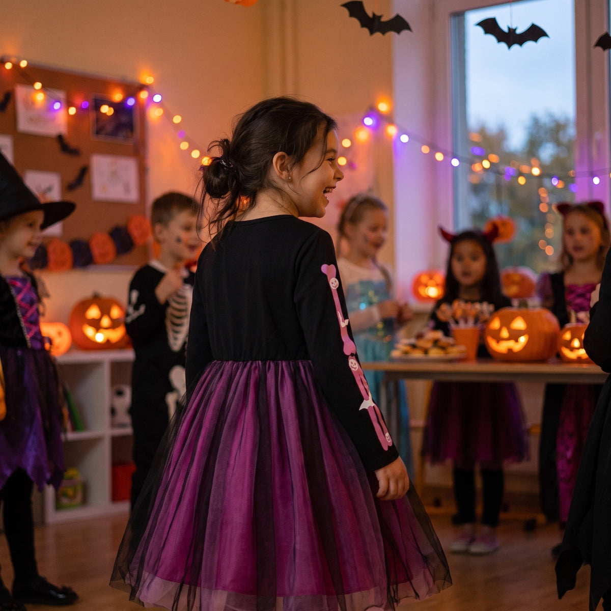 Sukienka dziewczęca na Halloween ze szkieletem, tiulowa spódnica, lifestyle