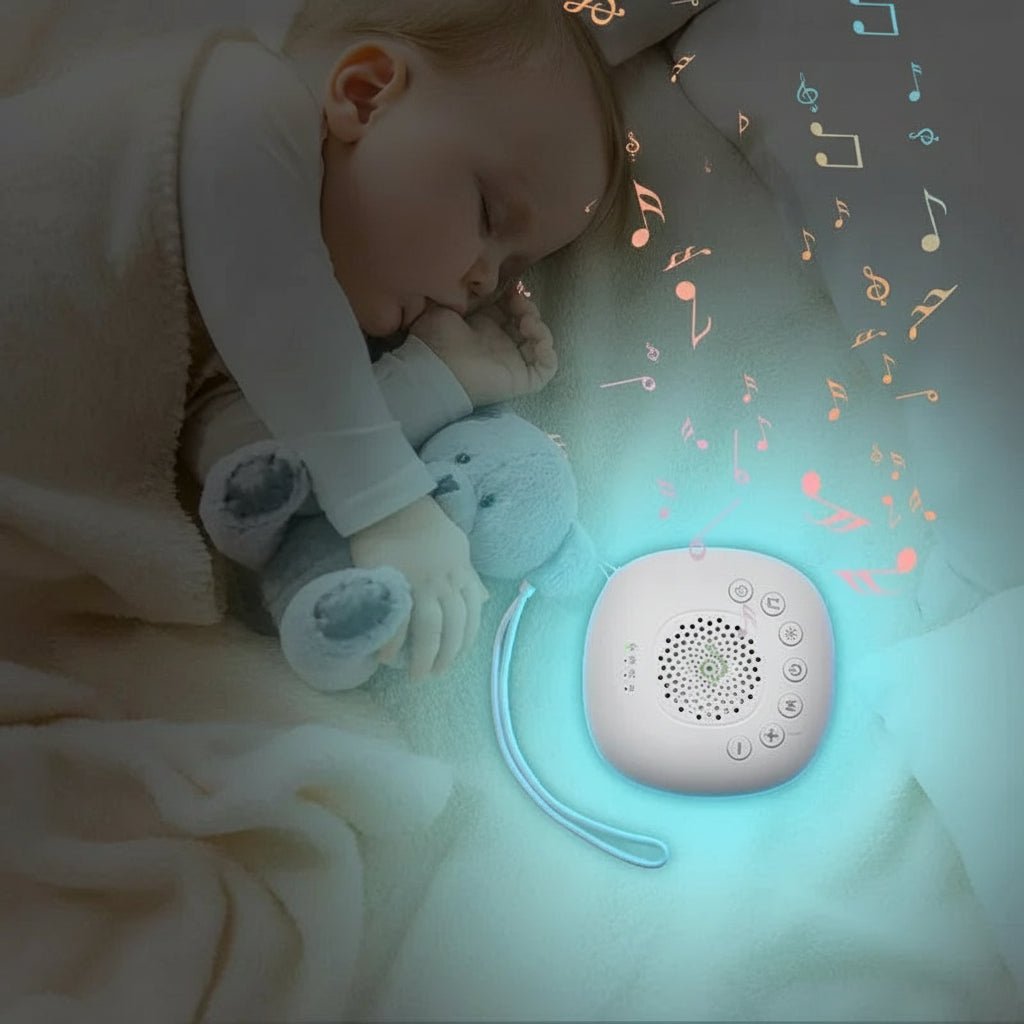 Szumiąca lampka nocna dla niemowląt, dziecko śpi obok lampki