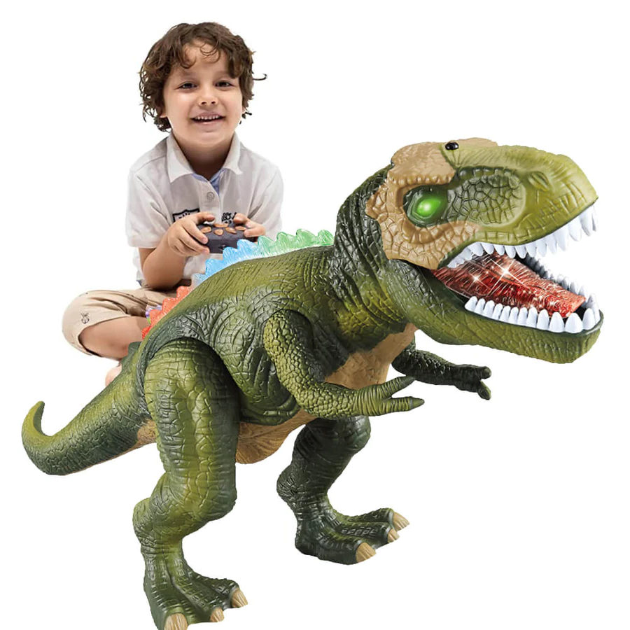 Tyranozaur zdalnie sterowany, dinozaur zielony z chłopcem