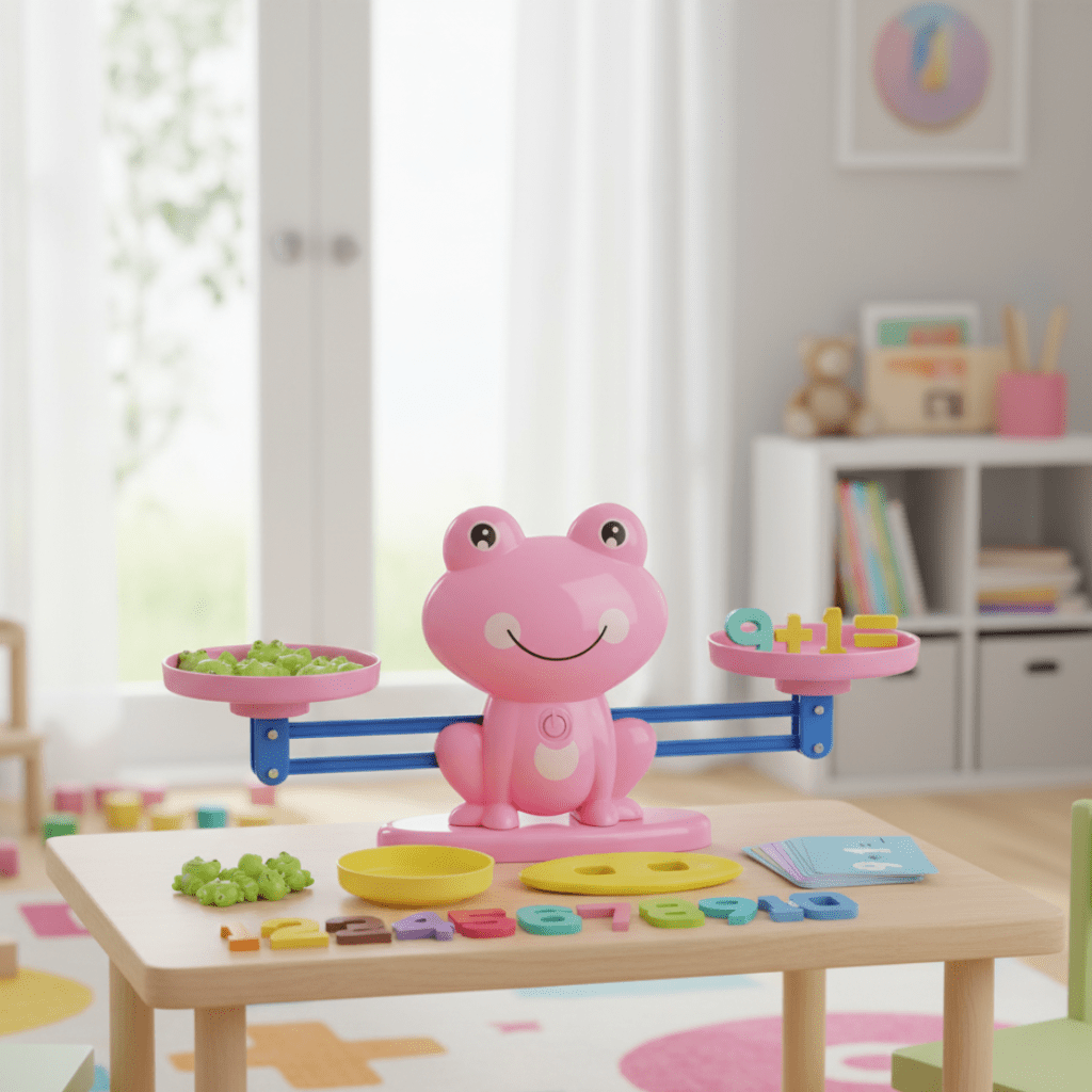 Waga edukacyjna żabka do nauki liczenia, waga różowa na stole