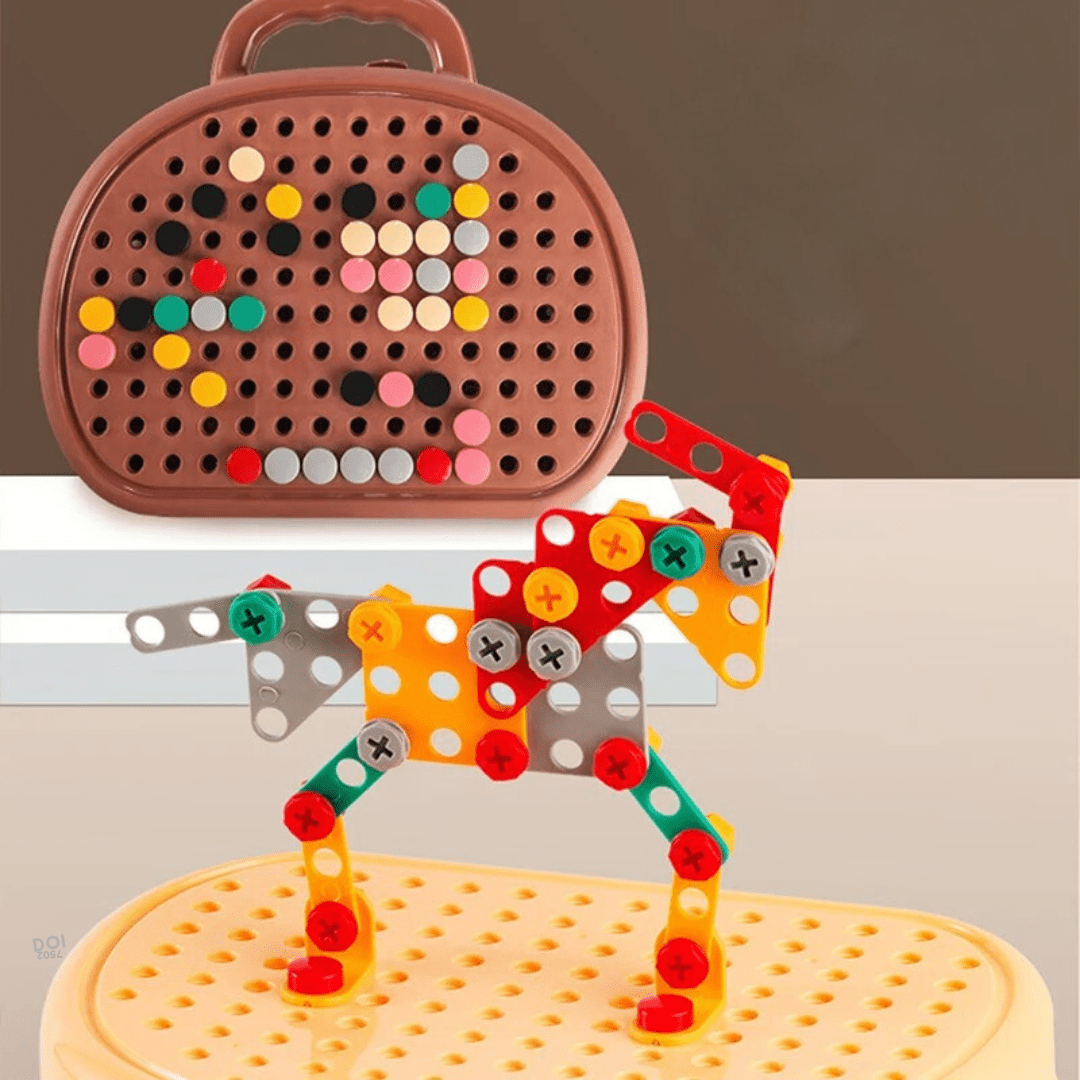 Zestaw konstrukcyjny z wkrętarką, zbudowany robot
